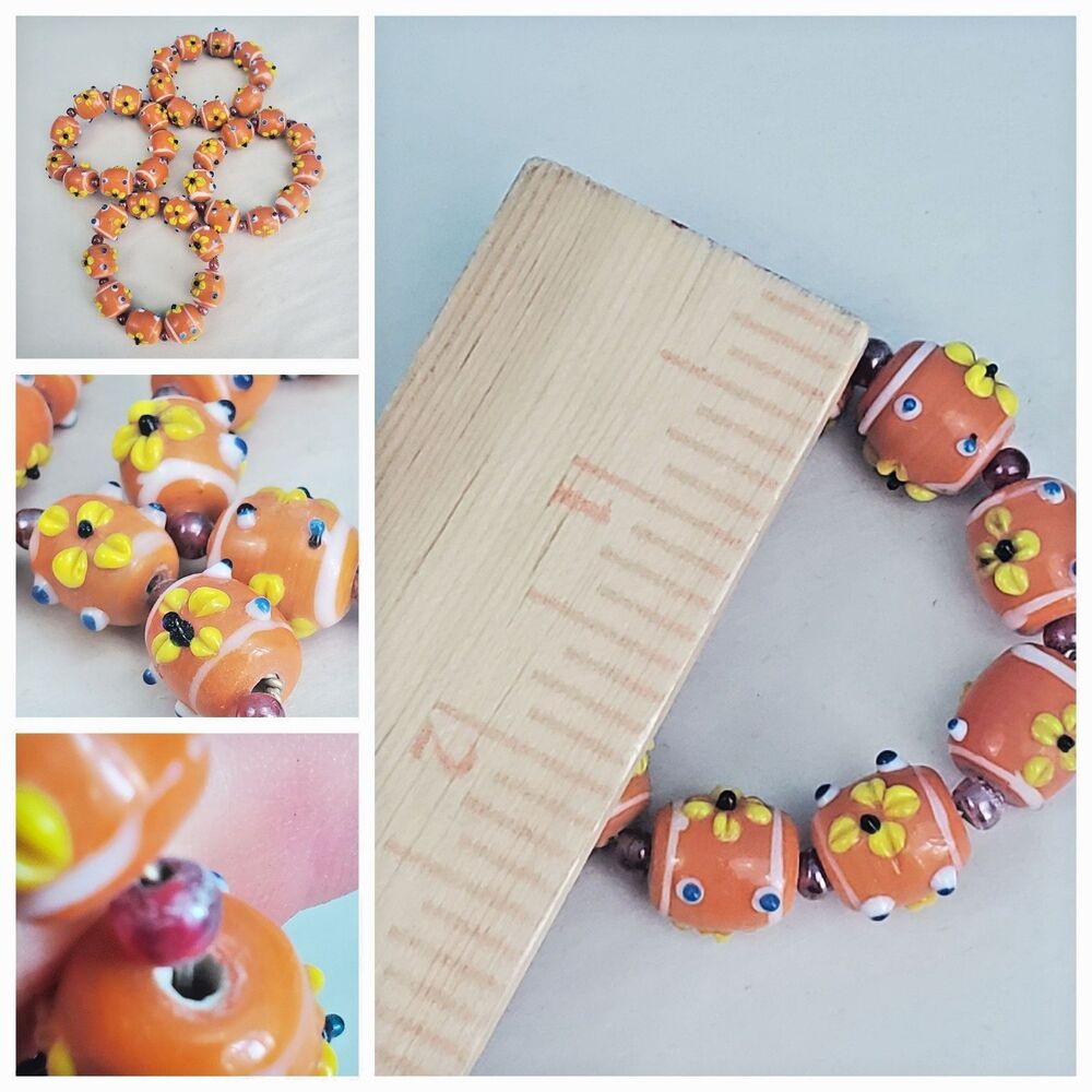 4 Vtg Millefior Lampwork Glass Bead Napkin Rings Orange Floral Table Decor